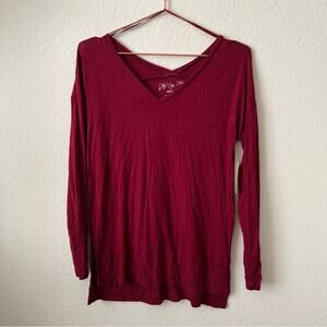Hippie Rose The Cozy Tee double V long sleeve t-shirt top garnet dark red